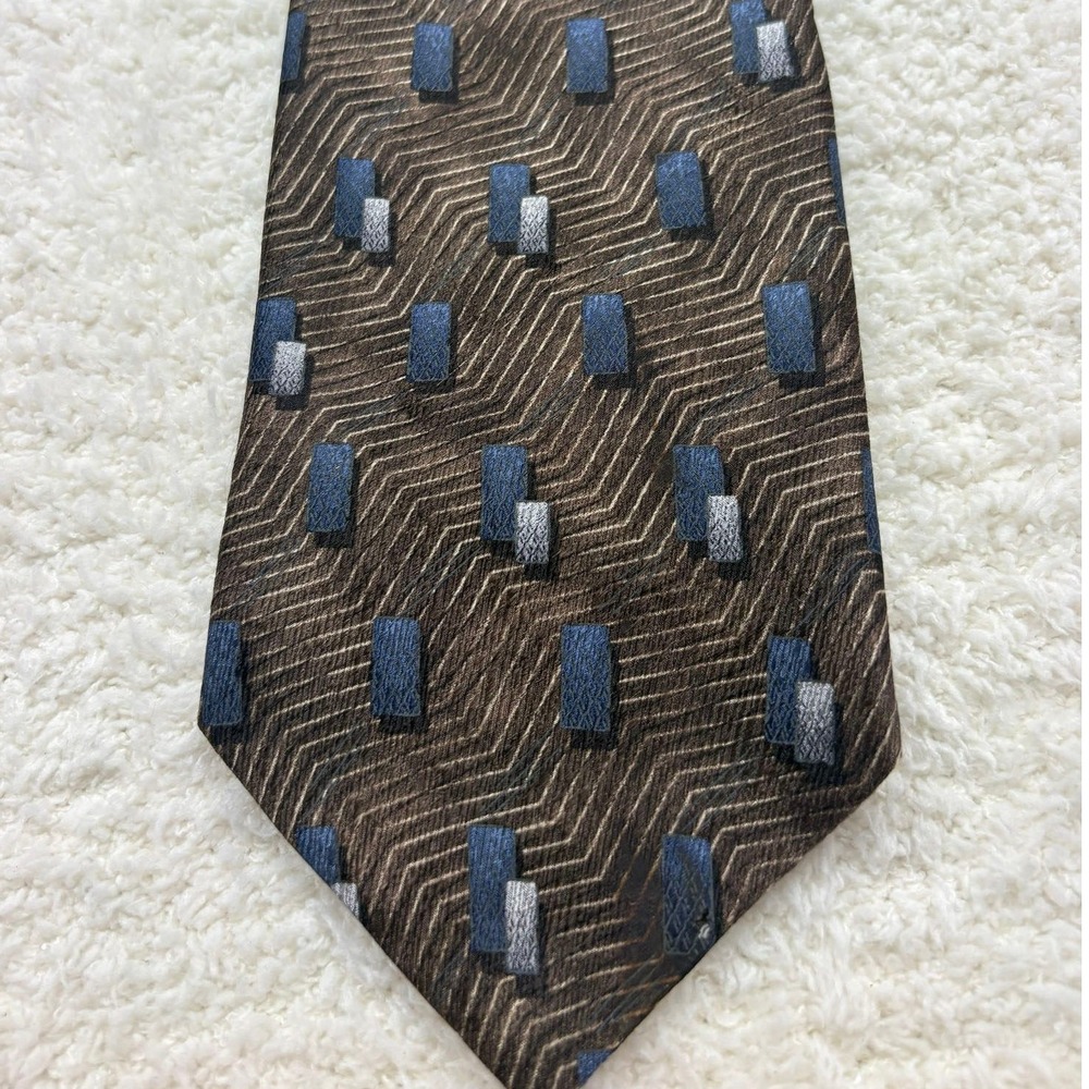 Croft & Barrow Tie Necktie Mens Brown Blue Geometric Silk Excellent Classic